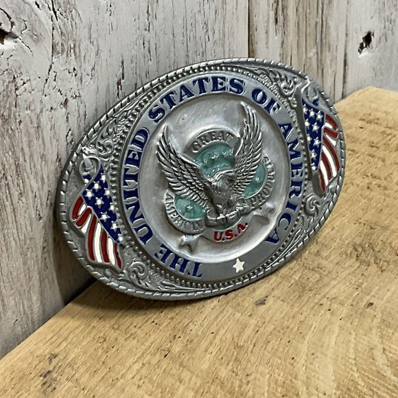 The United States of America Belt Buckle 1986 Mens Patriotic Military Silvertone - Picture 3 of 6